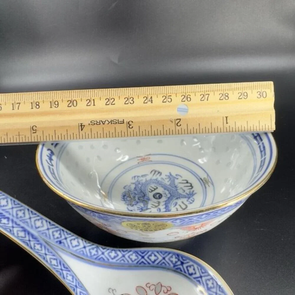 Vintage Chinese‎ Porcelain Rice Grain Bowl And Spoon Decorated Bowl With Sticker